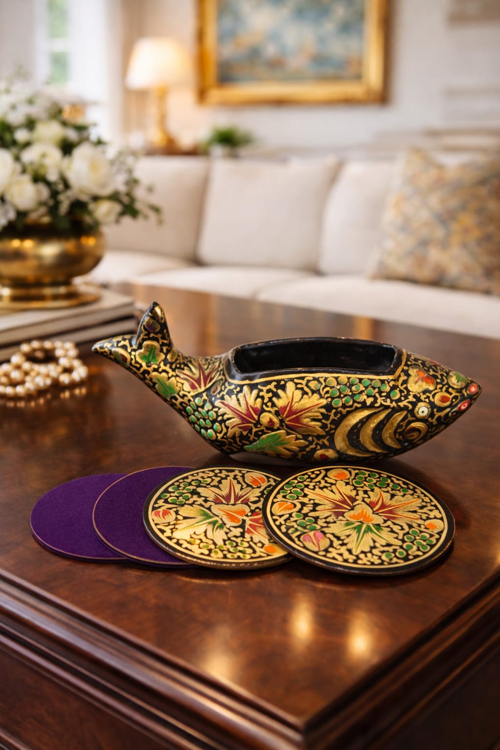 Paper Mache Coaster Set ( 6 coasters ) with Tpaper mache duck . Hand Painted Kashmiri Paper Mache animal figurine